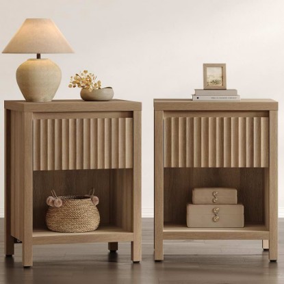 Picture of SICOTAS Fluted Night Stand Set of 2, Farmhouse Nightstands with Drawer | Boho Bedside Table with Storage Shelf, Large End Tables Bed Side Tables for Bedroom, Caramel Oak