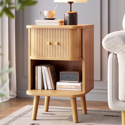Picture of Decofy Fluted Nightstand with Charging Station & Sliding Door, Oak | Open Shelf, Space-Saving, Concealed Cabinet Storage, Mid Century Modern Bedside Tables, Bedroom End Tables