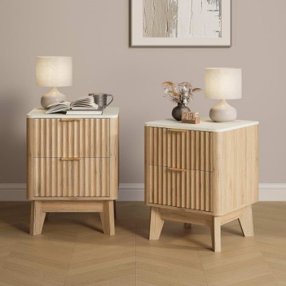 Picture of Fluted Nightstand Set of 2 with Faux Marble Top,Natural Oak | Modern End Table with 2 Storage Drawers,Side Table with Curved Profile Design Furniture,Bedside Table for Bedroom,Living Room