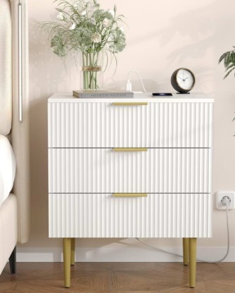 Picture of Akxomel Fluted Nightstand Side Table with Charging Station White Bedroom | 3 Drawer Nightstand with Charging Station, Modern Bedside Table, 15.7"D x 23.2"W x 27.5"H, for Bedroom