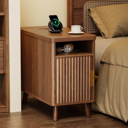 Picture of Huuger Narrow End Table with Charging Station, USB-C Port | Fluted Nightstand with Storage Cabinet, Back Rack, Farmhouse Side Table for Small Spaces, Night Stand, Walnut