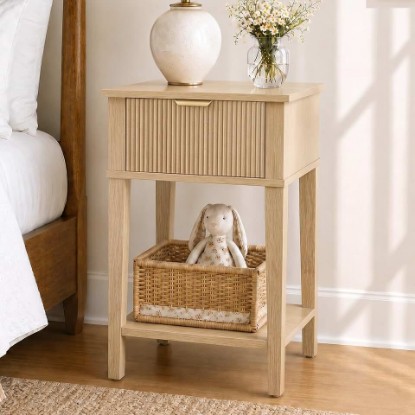 Picture of Natural Oak 15.4" Wide Small Nightstand with Drawer,Open Shelf,Fluted | Light oak tone, ribbed fluted front, 11.8-inch slim depth, concealed storage, airy fit for bedside, sofa side, or chair side