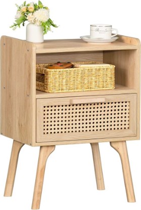 Picture of Lerliuo Rattan Nightstand, Boho Side Table with Drawer Open Shelf | Cane Accent Bedside End Table with Solid Wood Legs for Bedroom, Dorm and Small Spaces (Natural) The Forest Stewardship Council