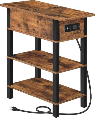 Picture of HOOBRO End Table with Charging Station, Flip Top Side Table with USB Ports, Narrow Nightstand Bedside Tables with Storage Shelves, for Small Space, Living Room, Rustic Brown and Black BF141UBZ01