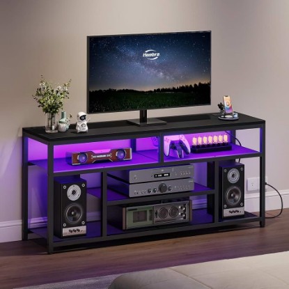 Picture of HOOBRO LED TV Stand with Charging Station, 4-Tier Entertainment Gaming Center, Modern Media Console Table, Open Shelves, 55.1"L x 13.8"W x 26.2"H, for TVs up to 65", for Living Room, Black BB47UDDS01