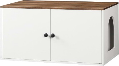 Picture of HOOBRO Cat Litter Box Enclosure, Hidden Litter Box Furniture with Side Entry, Litter Box Cabinet, Indoor Cat House, End Side Table, 31.5" L x 17.7" W x 16.3H, for Bathroom, White and Walnut WH40MW01