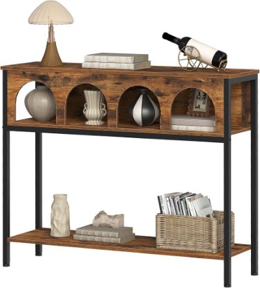 Picture of HOOBRO Narrow Console Table, Entryway Table with 3-Tier Storage, Sofa Table, Behind Couch Table with Arched Design for Living Room, Entrance, Hallway, Rustic Brown and Black BF106XG01