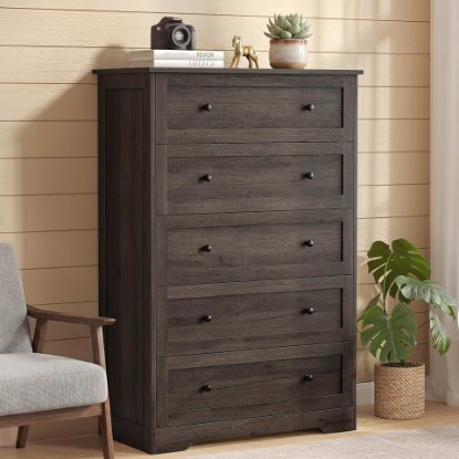 Picture of VASAGLE 5-Drawer Dresser, Engineered Wood Chest of Drawers, Large Capacity Storage Cabinet, 31.5 x 15.7 x 47.4 in, Taupe and Warm Brown, for Bedroom, Living Room, Siren Collection ULTS653TA01S