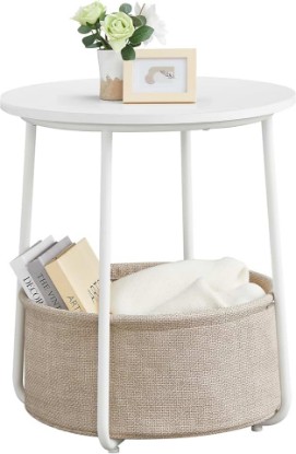Picture of VASAGLE LILEA Collection - Small Round Side End Table, Modern Nightstand with Fabric Basket, Matte White and Camel Brown ULET223W10