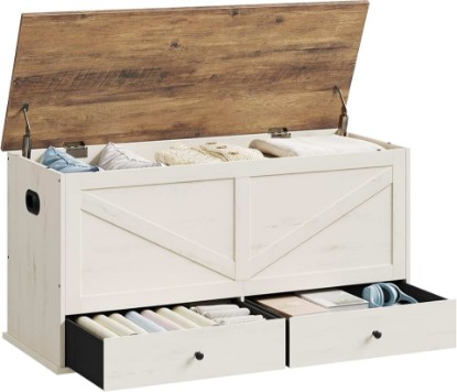 Picture of VASAGLE Storage Chest, Storage Bench with 2 Fabric Drawers, Farmhouse Style, for Entryway, Bedroom, Living Room, 15.7 x 39.4 x 19.9 Inches, Rustic White and Honey Brown ULSB043W02
