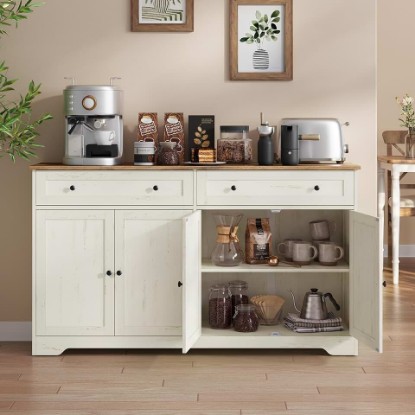 Picture of VASAGLE Siren Collection - Buffet Cabinet, Farmhouse Coffee Bar Cabinet with 2 Drawers, Adjustable Shelves, 4 Doors, Sideboard, 15.8 x 55.1 x 31.5 Inches, Rustic White and Honey Brown ULSC541WJ01S
