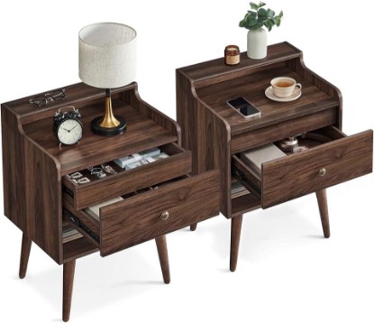 Picture of VASAGLE Nightstands, Set of 2, Bedside Tables with Hidden Drawers, Mid-Century End Side Tables with Solid Wood Legs, for Bedroom, Natural Walnut ULET624K01 | Mid-Century Bedside Tables, End Tables for Bedroom, Natural Walnut, MIRANTA Collection ULET624K01S