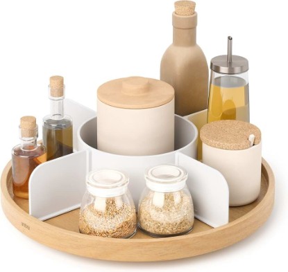 Picture of Umbra Bellwood Lazy Susan, Divided Tray Organizer, White/Natural | 360 degree rotation, removable dividers, kitchen countertop, poplar wood and recycled plastic
