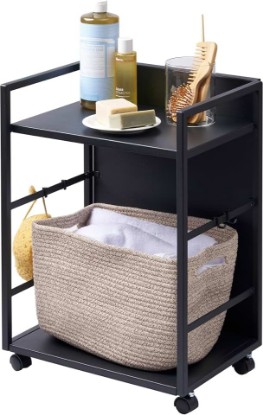Picture of YAMAZAKI Home 2-Tier Hideaway Storage Cart, Adjustable Steel Shelves, Black | Wheeled wagon cart design with built-in hooks. Adds practical everyday storage. Designed for convenient home organization.