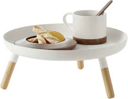 Picture of YAMAZAKI Home Pedestal Table Tray with Wooden Legs for Countertop, White | Versatile metal pedestal table tray featuring wooden legs. Ideal for countertop display. Showcase food or accessories.