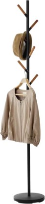 Picture of YAMAZAKI Home Freestanding Coat Rack Stand – Modern Coat Tree with Wooden Hooks, Standing Coat Hanger for Entryway, Sturdy Weighted Base, Steel, Black, Easy Assembly | Modern coat tree stand and standing coat hanger for entryways. Durable steel construction. Easy assembly. Smart space saver.