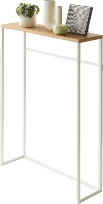 Picture of YAMAZAKI Home Slim Console Table – Narrow Entryway Table (24 Inch) with Hooks, Ultra-Shallow Skinny Table for Small Spaces, Modern White Narrow Console Table, Steel + Wood, Easy Assembly | Ultra-shallow skinny console table for small spaces. 24-inch. Adds practical everyday storage. Keeps essentials organized.