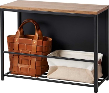 Picture of YAMAZAKI Home Storage Bench, Entryway Mudroom Shelf with Wood Bench, Black | Metal entrance mudroom storage shelf rack for slippers, shoes, boots, or bags. Designed for convenient home organization.