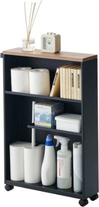Picture of YAMAZAKI Home Slim Rolling Storage Cart – Narrow Bathroom Storage Cabinet with Handle, Slim Bathroom Storage Cart with Wheels, Easy Assembly, Steel + Wood, Black