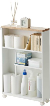 Picture of YAMAZAKI Home Slim Rolling Storage Cart – Narrow Bathroom Storage Cabinet With Handle, Slim Bathroom Storage Cart With Wheels, Easy Assembly, Steel + Wood, White, 27" - Steel -