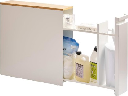 Picture of YAMAZAKI Home Pull-Out Bathroom Storage Cabinet with Wood Top, White | Slim space-saving bathroom storage cabinet with a natural wood top. Clever pull-out design. Holds 12 rolls of toilet paper.