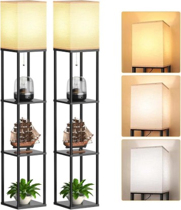 Picture of Floor Lamp with Shelves for Living Room 2 Pack, Shelf Floor Lamp with 3 CCT LED Bulb, Corner Display Standing Column Lamp Etagere Organizer Tower Nightstand with White Linen Shade for Bedroom, Office