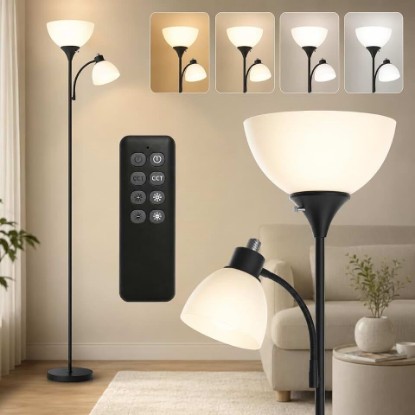 Picture of GERGO Led Floor Lamp, Super Bright 11W+7W 2100LM Torchiere Floor Lamps for Living Room, Stepless Adjustable 4 Color Temperatures 3000K-6000K with Remote Control for Bedroom (Matte Black) | 2 LED Bulbs Included, 2100LM Brightness, Stepless Dimming & 3000K-6000K Adjustable CCT for Living Room, Bedroom, Office