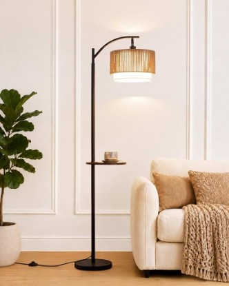Picture of PESRAE Rattan Floor Lamp for Living Room, Farmhouse Arc Standing Lamp | Side Table with lamp, 3 Color Temperatures, Rattan & Fabric Lamp Shades, Boho Standing Lamp for Living Room, Bedroom Corner