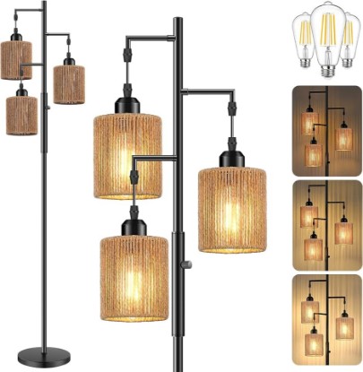 Picture of Hotsonic 72" Boho Rattan Tree Floor Lamp, Tall Dimmable Industrial Standing Lamp, Corner Decor Accent Lighting for Living Room, Bedroom, Dining Room, Nursery, Cafe (3 x 800LM Bulbs Included) - Black