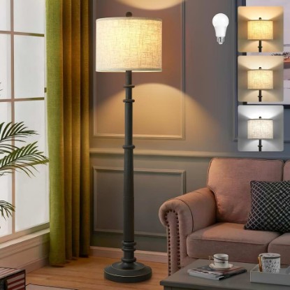 Picture of EJIAXIN Floor Lamps for Living Room - 60" Farmhouse Floor Lamp with Adjustable Color Temperatures - Vintage Standing Lamp Reading Light with Linen Shade Retro Tall Lamp for Bedroom Office, Black