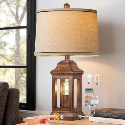 Picture of 24" Rustic Farmhouse Table Lamps for Living Room, Single Pack Touch Dimmable Nightlight Vintage Bedside Lamps with USB A+C Ports & Dual Light Sources for Bedroom Nightstand End Table, Wood Grain