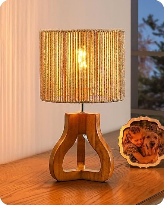 Picture of EDISHINE Small Table Lamp, Rose Wood Base, Handwoven Paper Rope Shade, E26 | Tripod Base Nightstand Lamp, On-Off Line Switch, 14.6" Rattan Bedside Lamp for Bedroom Living Room, Office Global Recycled Standard