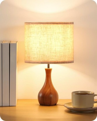 Picture of Small Table Lamp, 14.2" Wood Bedside Lamp, Little Cute Desk Lamp with Dark Wood Bottle-Shaped Base & Beige Linen Lampshade, Nightstand Lamp for Bedroom, Small Space, E26 Socket, LE09TL05