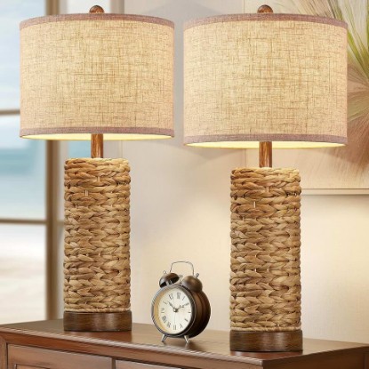 Picture of 27.5'' Tall Natural Rattan Table Lamps Set of 2, Hand - Woven Wicker Lamp with Linen Shade, Rustic Coastal Boho Style Table Lamps for Bedroom, Living Room, Home Decor