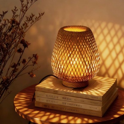 Picture of Boho Table Lamp with Double Layer Woven Shade Wood Base, Desk Bedside Small Rattan Lamps, 110V Plug, Dimmable E26 Socket (Bulb Included) for Living Room Night Stands Bedroom
