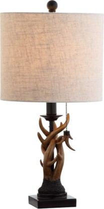 Picture of JONATHAN Y Gaston Rustic Faux Antler Resin Table Lamp 20.5", Brown | Mini, Gray Linen Drum Shade, Farmhouse Lodge Style, Pull Chain Switch, Metal Accents, LED Bulb Included