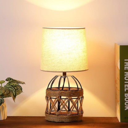 Picture of Boho Table Lamp for Bedroom, Small Bedside Lamp with Rattan Metal Cage Base and Linen Shade, Nightstand Lamp for Living Room, Farmhouse Coastal Rustic Bedroom Decor, E26 Socket, Bulb Not Included