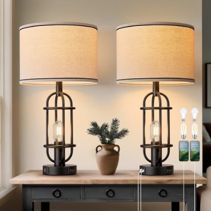 Picture of Reaketon Black Table Lamps for Living Room Set of 2, 22.3" Farmhouse Lamps for Nightstand, Industrial Table Lamps for Bedroom with USB Ports, Bulbs Included