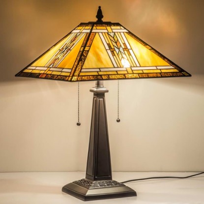 Picture of Tiffany Lamp Mission Style Stained Glass Table Lamp for Living Room | 2-Lights Antique Style Large Reading Lamp Nightstand Bedside Desk Light for Bedroom Office W16" x H23"
