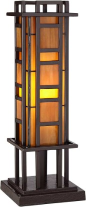 Picture of Prairie Style 20" High Table Lamp Pillar Amber Accent Art Glass | Tiffany Style Rustic Hand-Cut Column Iron Mission Cottage Bronze Brown Stained Living Room Bedroom House Bedside Nightstand