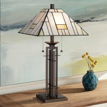 Picture of 26 1/4" Tall Table Lamp Gold Wrought Iron Stained Glass Art Deco | Dark Mission Cottage Bronze Brown Living Room Bedroom House Bedside Nightstand Office Home Family White Shade