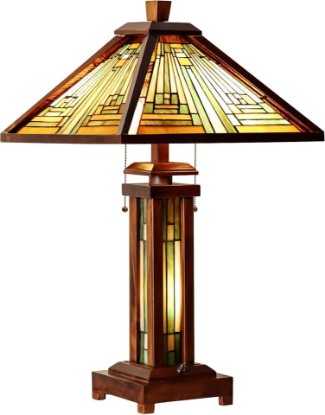 Picture of Tiffany Lamp Antique Amber Brown Stained Glass Table Lamp 3-Light