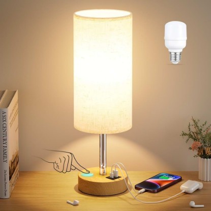 Picture of Dicoool Bedside Table Lamp for Bedroom - 3-Way Dimmable Touch Lamp, USB A+C | LED Bulb Included, 14" Small Nightstand Lamp for Desk, Living Room, Guest Room, Cream Fabric Lampshade, Wood-Grain Metal Base