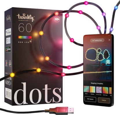 Picture of Twinkly Dots String Lights App-Controlled Flexible LED Color Changing String Lights, 60 RGB (16 Mil. Colors). 60 LED / 10 Ft Black Wire. USB-Powered Indoor Smart Home Lighting Decoration