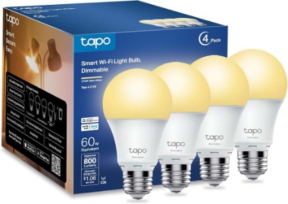 Picture of Tapo TP-Link Smart Light Bulbs, 800 Lumens (60W Equivalent), 2700K Soft Warm White LED Bulb, Dimmable, Compatible with Alexa and Google Home, No Hub Required, A19 E26, L510E (4-Pack) | 2700K Soft Warm White LED Bulb, Dimmable, Compatible with Alexa and Google Home, No Hub Required