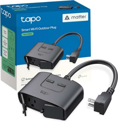 Picture of Tapo Matter Outdoor Smart Plug, 2 Individual Outlets, P400M | IP65 Weather Resistance, Works with Apple Home, Alexa, Google Home, Long Wi-Fi Range, 2.4G Wi-Fi Only, ETL Certified