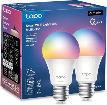 Picture of Tapo Multicolor Dimmable Smart Light Bulbs, L535E(2-Pack), A19 E26, 1100LM | Matter-Certified, 16M Colors RGBW LED, High Brightness(75W Equivalent), CRI>90, Voice Control w/Siri, Alexa & Google Home