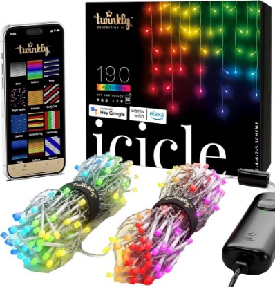 Picture of Twinkly Icicle App-Controlled LED Christmas Lights with 190 RGB (16 Million Colors) LEDs. Clear Wire. Indoor and Outdoor Smart Lighting Decoration
