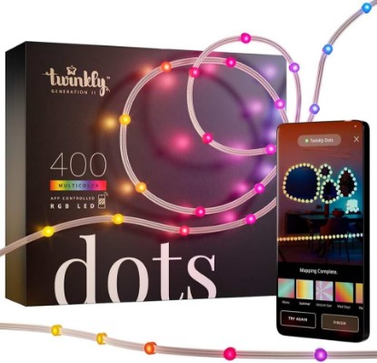 Picture of Twinkly Dots String Lights App-Controlled Flexible LED Color Changing String Lights, 400 RGB (16 Mil. Colors). 400 LED / 2x33 Ft Transparent Wire. USB-Powered Indoor Smart Home Lighting Decoration