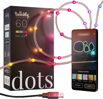 Picture of Twinkly Dots String Lights App-Controlled Flexible LED Color Changing String Lights, 60 RGB (16 Mil. Colors). 60 LED / 10 Ft Clear Wire. USB-Powered Indoor Smart Home Lighting Decoration